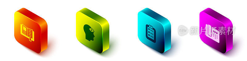 Set Isometric Reading book, Man with third eye, To do list or planning and Telephone 24 hours support icon. Vector